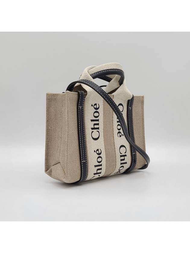 Woody Linen Canvas Calfskin Tote Bag White Navy - CHLOE - BALAAN 4