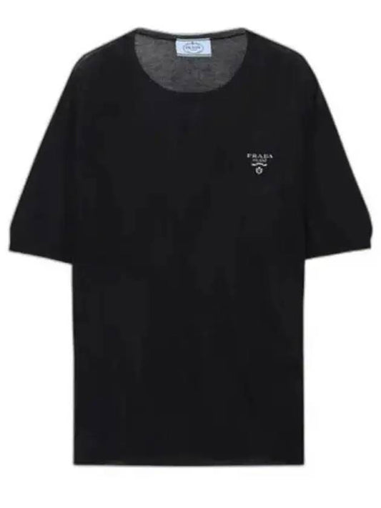 logo crew neck cashmere short sleeve knit top black - PRADA - BALAAN 2
