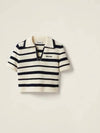 Logo Open Collar Striped Short Sleeve Knit Top White Blue - MIU MIU - BALAAN 2