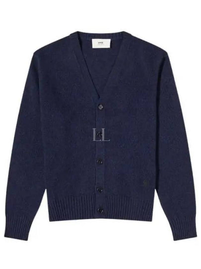 Heart Logo V Neck Cashmere Cardigan Navy - AMI - BALAAN 2