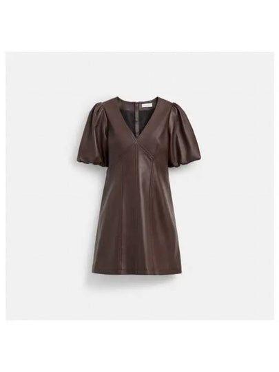 Puff Sleeve Leather Short Dress Brown - COACH - BALAAN 2