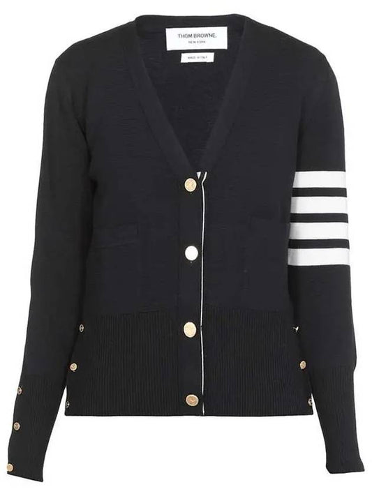 Milano Stitch 4 Bar Classic V Neck Fine Merino Wool Cardigan Navy - THOM BROWNE - BALAAN 2