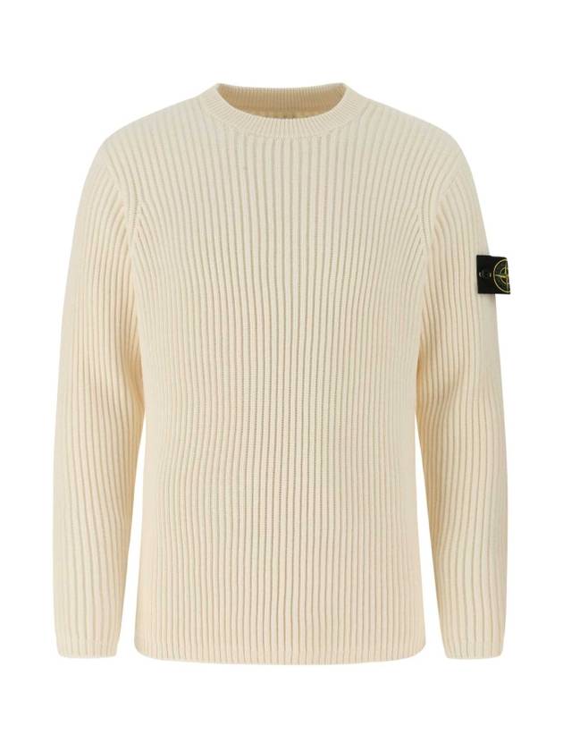 Full Rib Pure Wool Crewneck Knit Top Ivory - STONE ISLAND - BALAAN 1