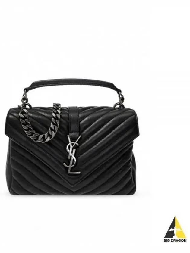 Silver Monogram College Medium Chain Crossbody Bag in Matelasse Leather Black - SAINT LAURENT - BALAAN 2