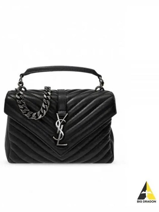 Silver Monogram College Medium Chain Crossbody Bag in Matelasse Leather Black - SAINT LAURENT - BALAAN 2