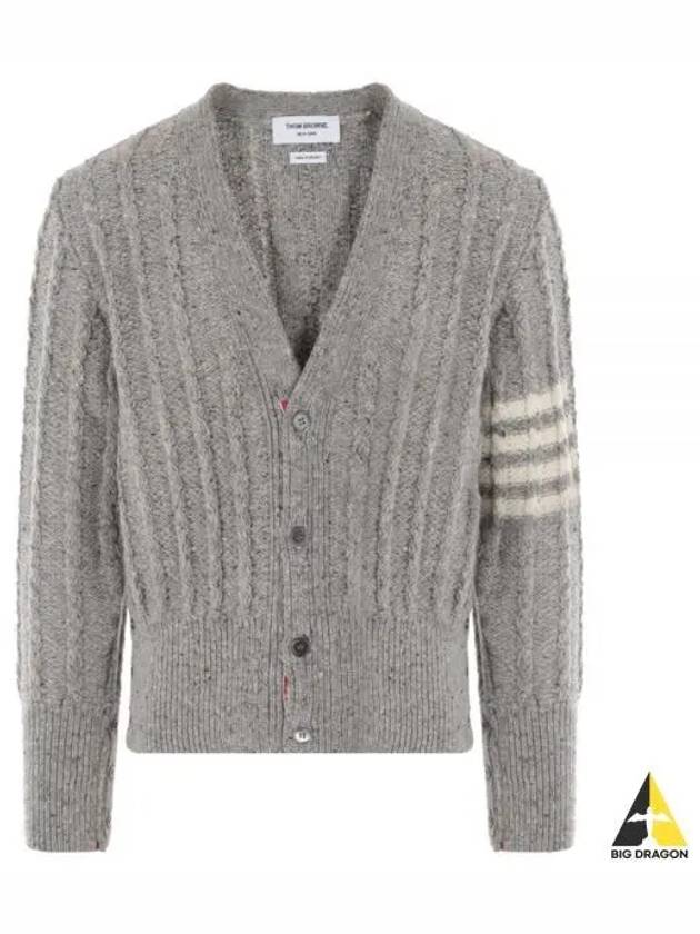 Donegal Twist Cable 4 Bar Classic V Neck Cardigan Light Grey - THOM BROWNE - BALAAN 2