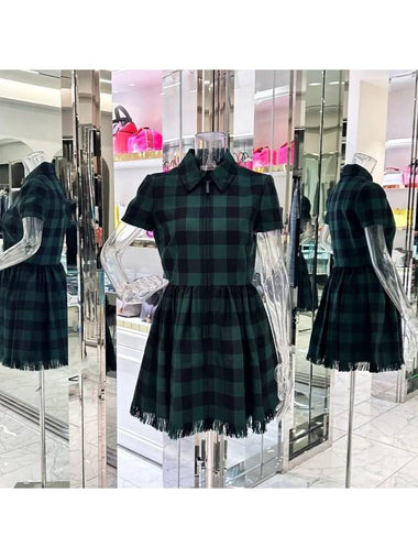 Pleated zip up checked wool dress 38 black green 4ET0835 - DIOR - BALAAN 1