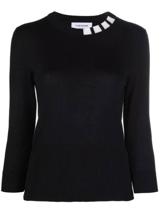 Women's Stretch Silk Cotton Jersey 4 Bar Knit Top Navy - THOM BROWNE - BALAAN.