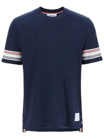 Textured Cotton Stripe Short Sleeve T-Shirt Navy - THOM BROWNE - BALAAN 1