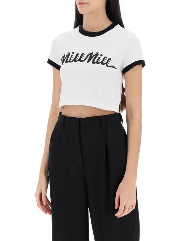 Logo Print Cropped Short Sleeve T-Shirt Black White - MIU MIU - BALAAN 5