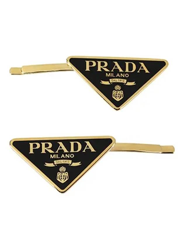 Triangle Logo Hair Clip Gold Black - PRADA - BALAAN 6