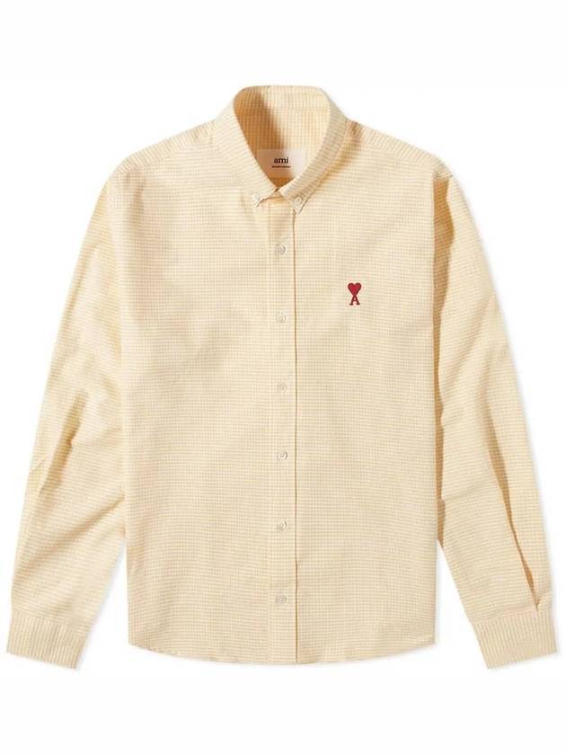 Men's Small A Heart Button Down Long Sleeve Shirt Pale Yellow - AMI - BALAAN.