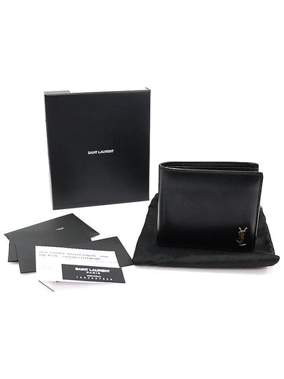 607727 Black leather monogram gold plated East West half wallet - SAINT LAURENT - BALAAN 2