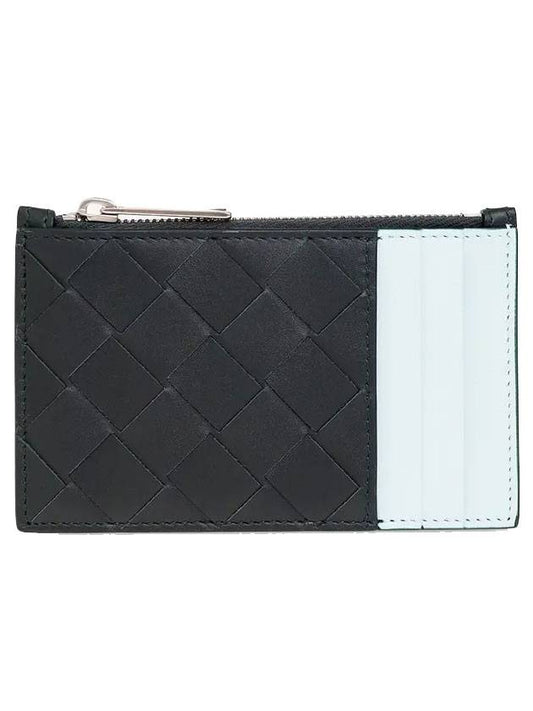 Leather Zipper Card Wallet Black Blue - BOTTEGA VENETA - BALAAN.