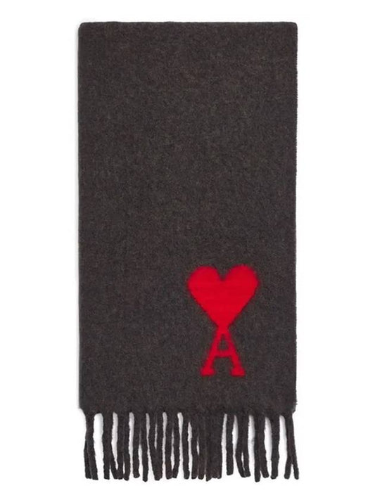 Heart Logo Oversized Wool Fringe Scarf Dark Gray - AMI - BALAAN.