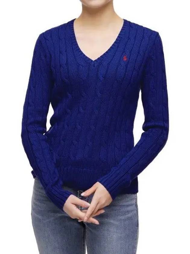 W cable knit cotton V neck sweater blue - POLO RALPH LAUREN - BALAAN 1