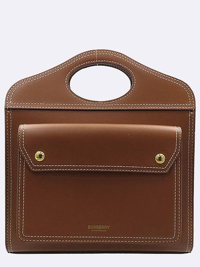 Burberry 8014776 Brown Leather Mini Topstitch Detail Pocket Tote Bag Shoulder Strap - BURBERRY - BALAAN 2