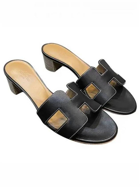 Oasis Calfskin Slipper Heels Noir Piqures Ecrues - HERMES - BALAAN 2