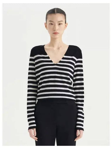 Women s Wool Stripe Striped V neck Pullover Navy Ivory Domestic Product - THEORY - BALAAN 1