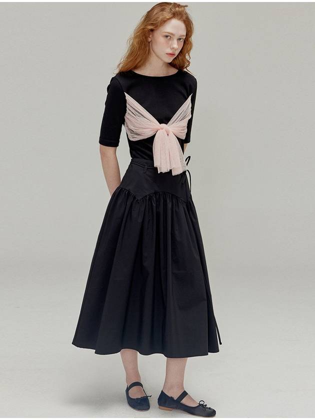 Rose brooch ribbon shirring skirt_Black - OPENING SUNSHINE - BALAAN 3