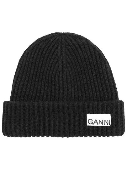 Logo Patch Knit Beanie Black - GANNI - BALAAN 2