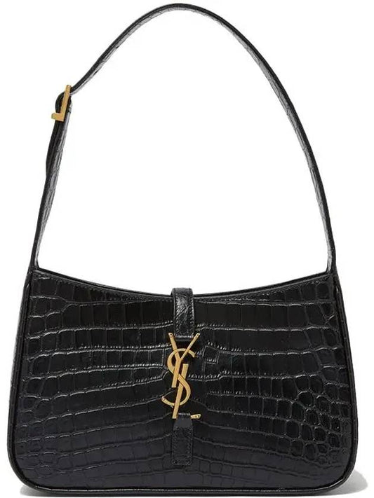 Bronze Monogram Le 5 A 7 Hobo Bag in Crocodile Embossed Shiny Leather Black - SAINT LAURENT - BALAAN 2