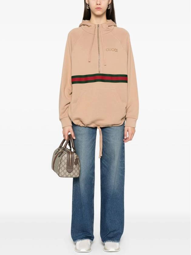 Embroidery Logo Web Stripe Half Zip Hoodie Light Brown - GUCCI - BALAAN 3