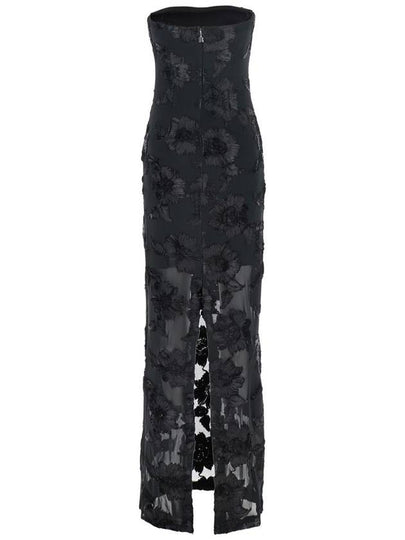 'Albertina' Black Long Strapless Dress With All-Over Floral Embroidery In Tech Fabric Stretch Woman - ROTATE - BALAAN 2