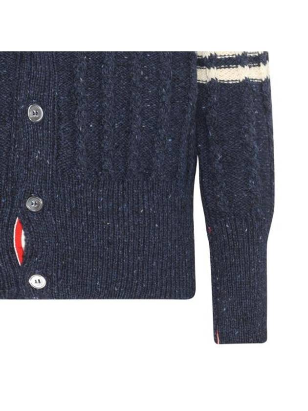 Donegal Twist Cable 4 Bar Classic V Neck Cardigan Blue - THOM BROWNE - BALAAN 7