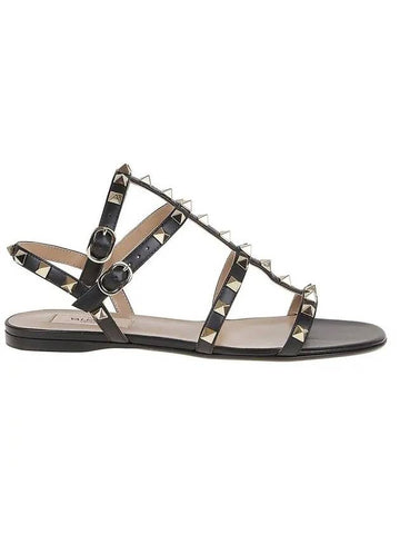 Women's Rockstud Strap Flat Sandals Black - VALENTINO - BALAAN.