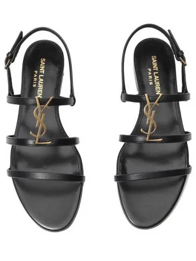 Women's Smooth Leather Gold Tone Monogram Detail Cassandra Flat Sandals Black - SAINT LAURENT - BALAAN 2