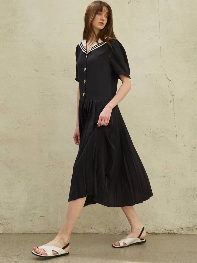 Sailor Collar Pleated Midi Dress Navy - MITTE - BALAAN 6