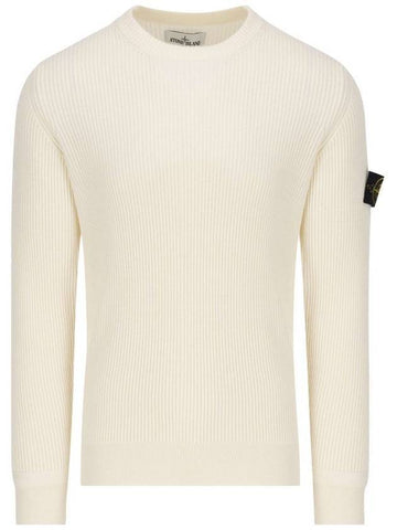 Wappen Patch Crew Neck Ribbed Wool Knit Top Beige - STONE ISLAND - BALAAN 1