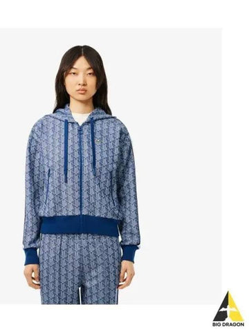 Women s Monogram Hooded Zip Up Sweatshirt Blue - LACOSTE - BALAAN 1