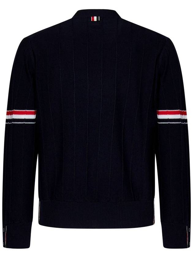 RWB V-neck Striped Virgin Wool Cardigan Navy - THOM BROWNE - BALAAN 3