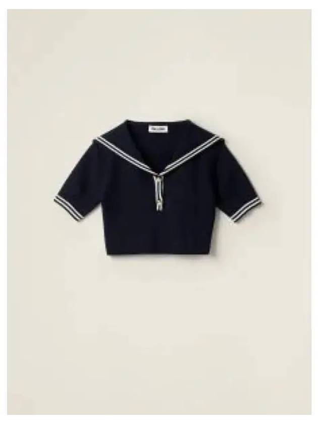 Sailor Collar Cotton Short Sleeve T-shirt Navy White - MIU MIU - BALAAN 2