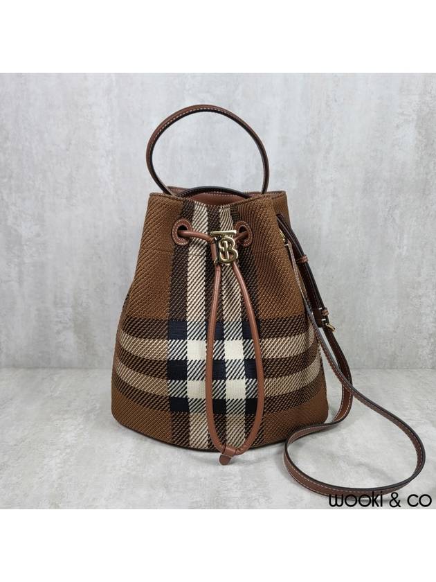 TB Small Knit Check Leather Bucket Bag Dark Birch Brown - BURBERRY - BALAAN 3