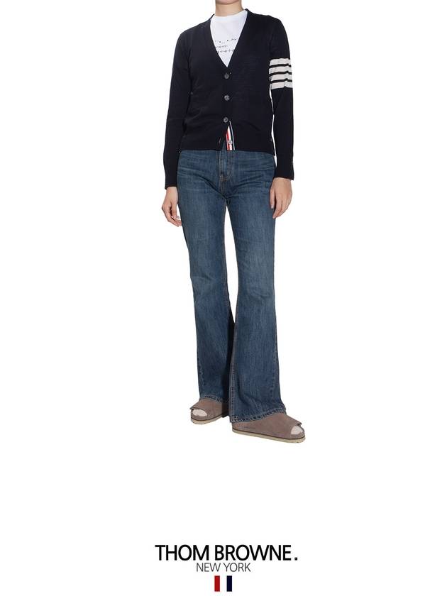 Sustainable Fine Merino Wool 4-Bar Relaxed Fit V-Neck Cardigan Navy - THOM BROWNE - BALAAN 6