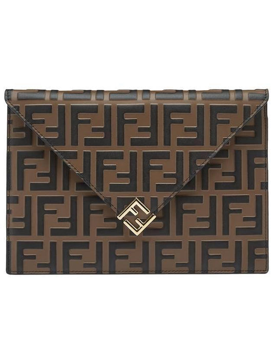 FF Diamond Flat Leather Pouch Bag Brown - FENDI - 1