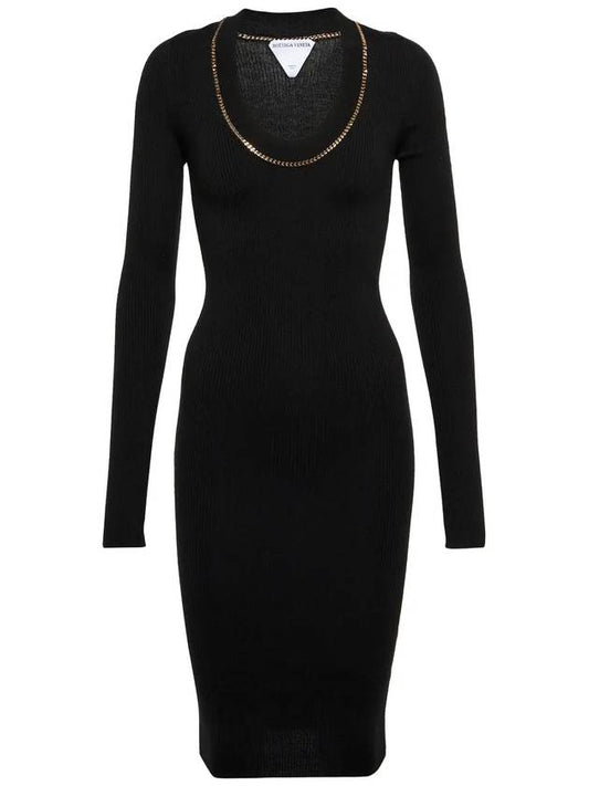 Gold Chain Detail Knit Midi Dress Black - BOTTEGA VENETA - BALAAN 2