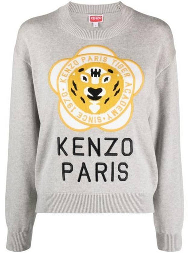 Women's Tiger Academy Wool Knit Top Pale Grey - KENZO - BALAAN 1