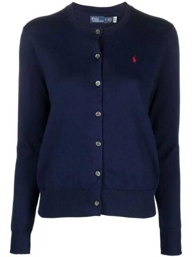 Women's Embroidered Logo Round Neck Cardigan Blue - POLO RALPH LAUREN - BALAAN 1