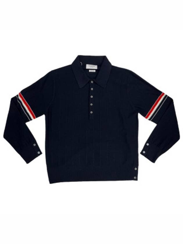 Striped Virgin Wool Long Sleeve Polo Shirt Navy - THOM BROWNE - BALAAN 2