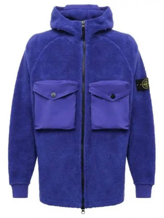 Men's Wappen Patch Shearling Hooded Jacket Blue - STONE ISLAND - BALAAN 2