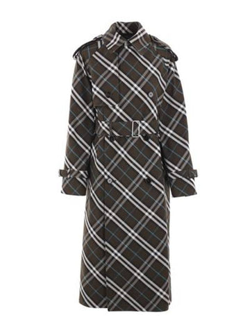 Check Long Cotton Blend Trench Coat Snug - BURBERRY - BALAAN 1