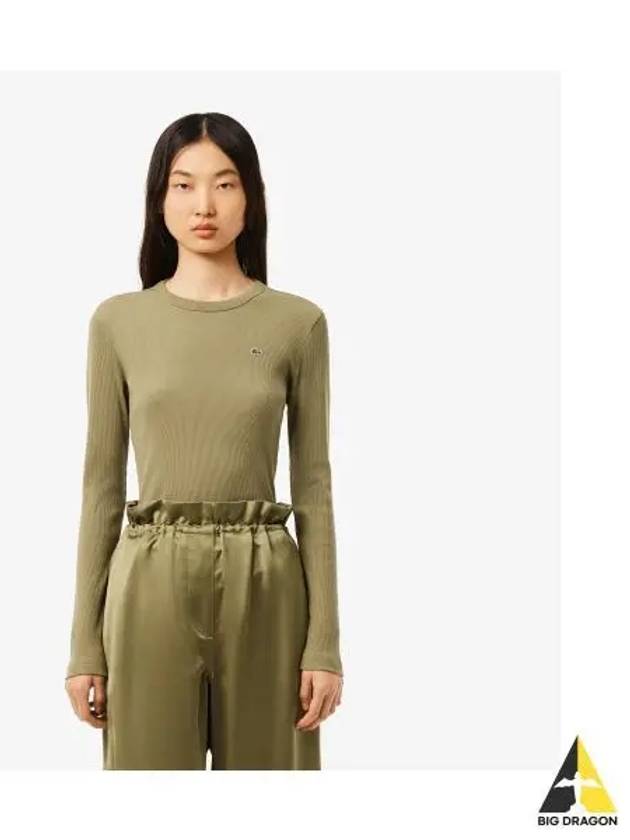 Women s Rib Tissue Slim Fit Long Sleeve T Shirt Khaki - LACOSTE - BALAAN 1