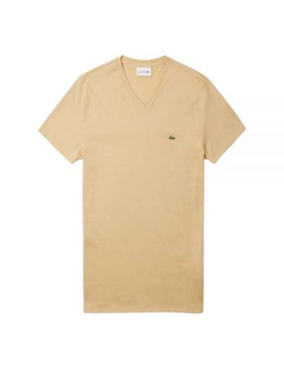 Men's Logo V-Neck Short Sleeve T-shirt Beige - LACOSTE - BALAAN 2