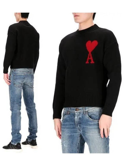 Intarsia Big Heart Logo Wool Knit Top Black - AMI - BALAAN 2