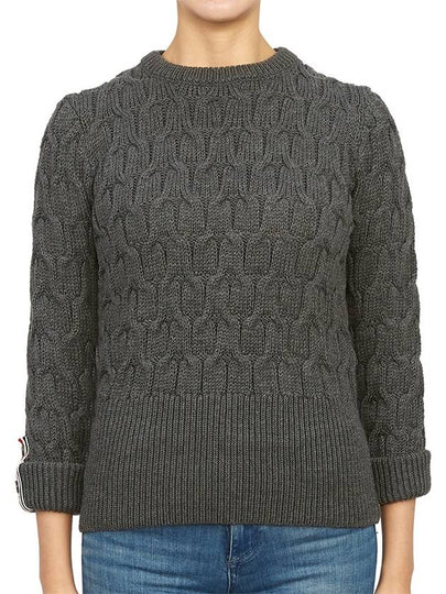 Merino Crisscross Cable Stitch Crewneck Knit Top Grey - THOM BROWNE - BALAAN 2