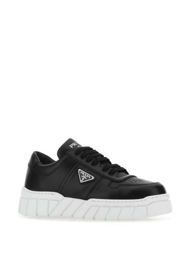 Triangle Logo Leather Low Top Sneakers Black - PRADA - BALAAN 3